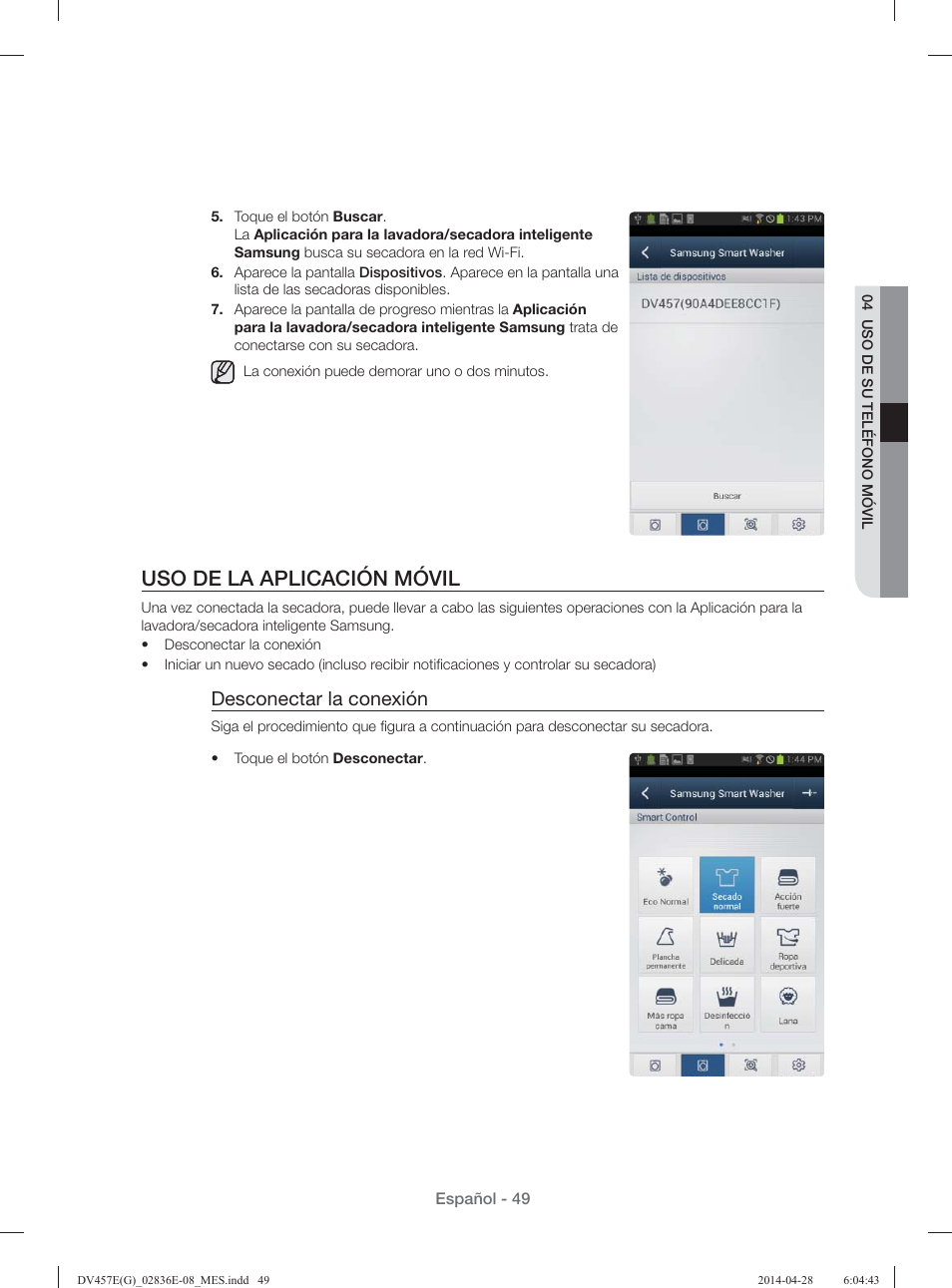 Uso de la aplicación móvil, Desconectar la conexión | Samsung DV457GVGSGR-AA User Manual | Page 201 / 228