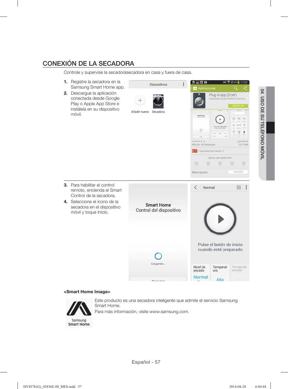 Conexión de la secadora | Samsung DV457GVGSGR-AA User Manual | Page 209 / 228