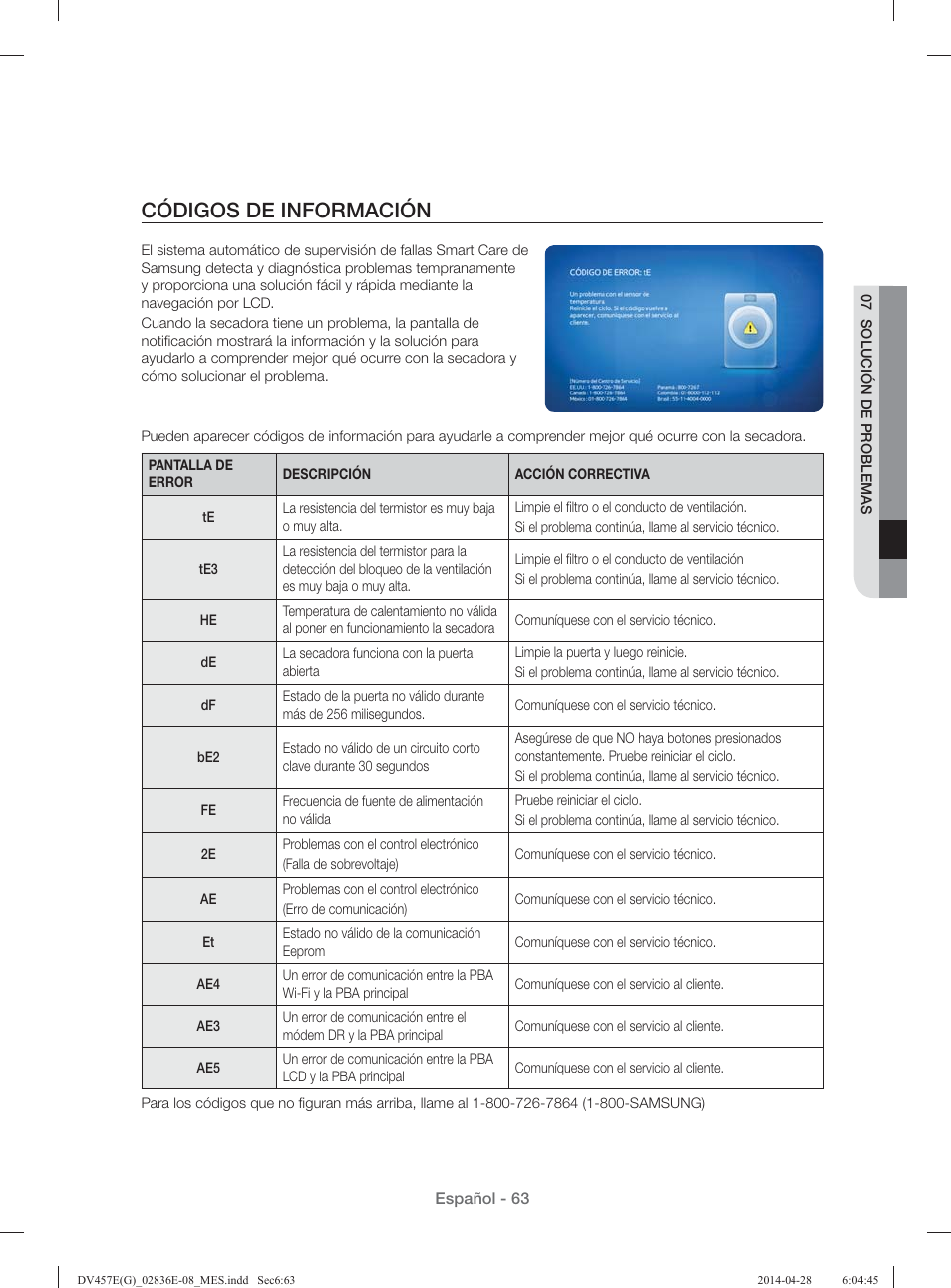 Códigos de información | Samsung DV457GVGSGR-AA User Manual | Page 215 / 228