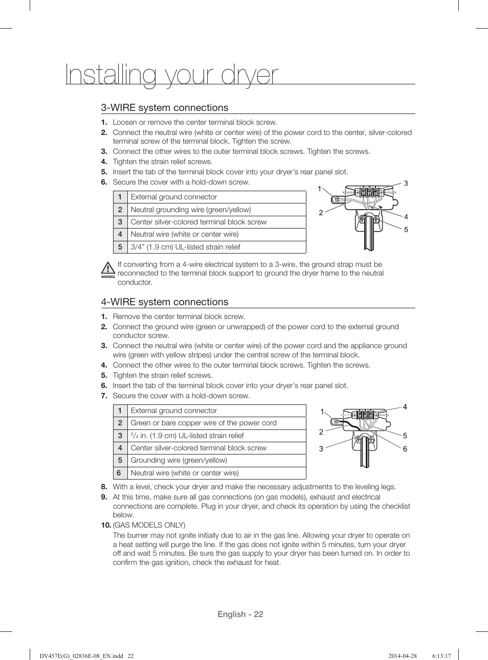 Installing your dryer, Wire system connections | Samsung DV457GVGSGR-AA User Manual | Page 22 / 228