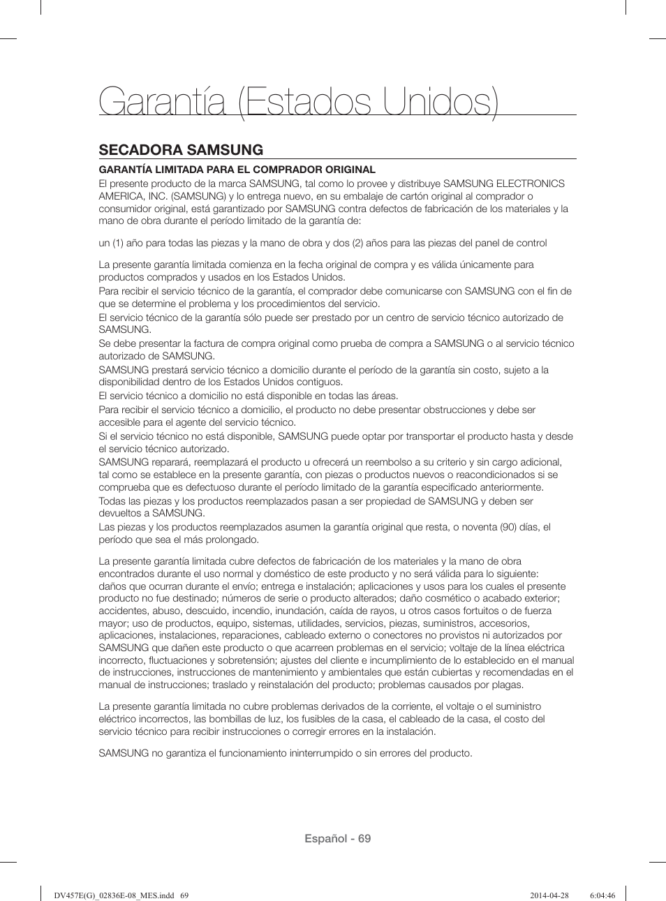 Garantía (estados unidos), Secadora samsung | Samsung DV457GVGSGR-AA User Manual | Page 221 / 228