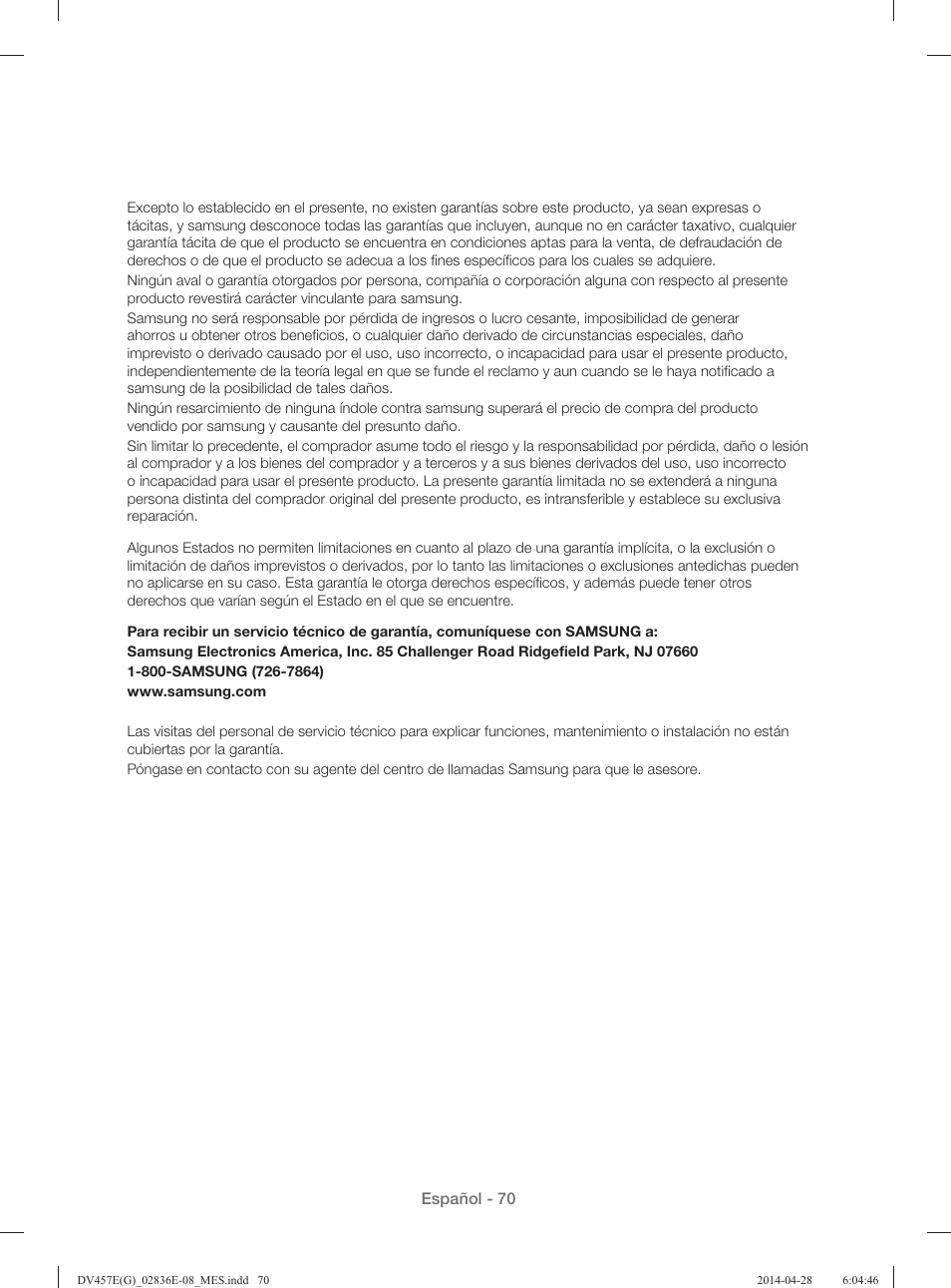 Español - 70 | Samsung DV457GVGSGR-AA User Manual | Page 222 / 228