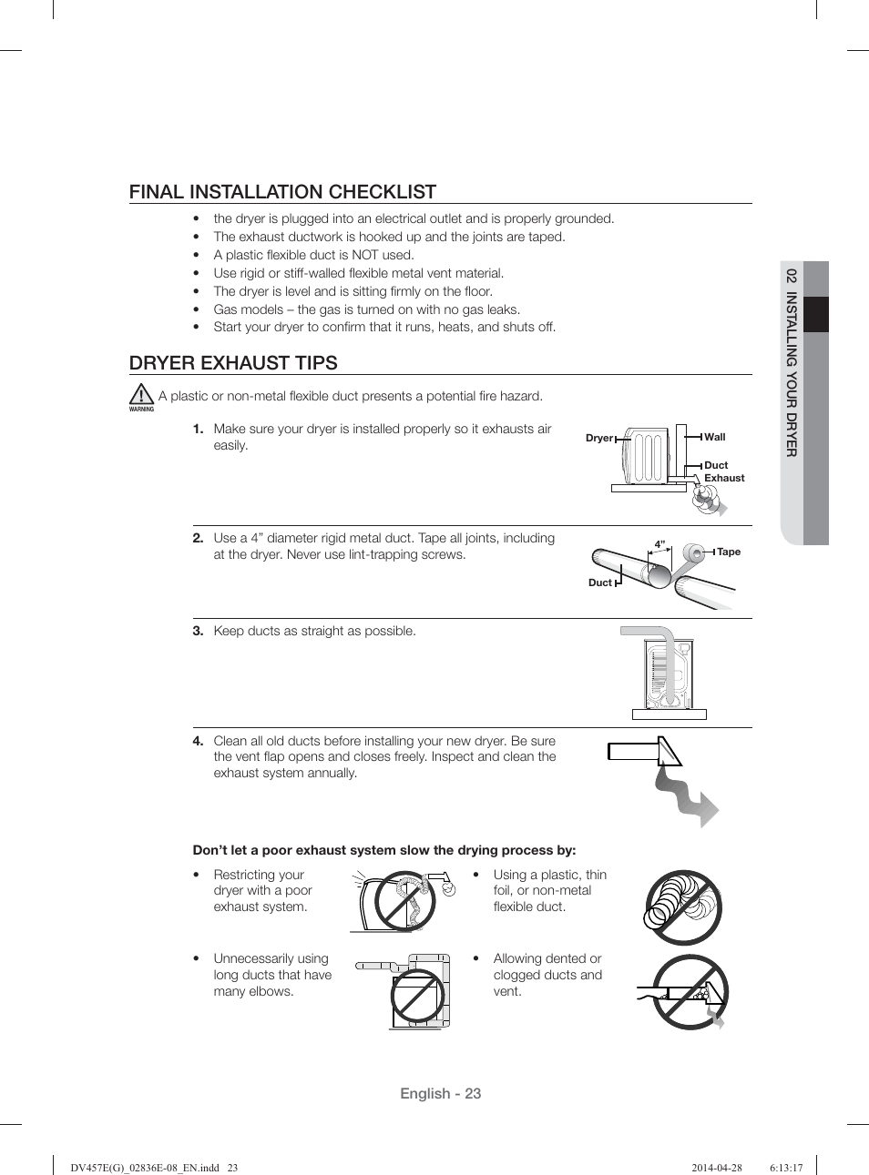 Final installation checklist, Dryer exhaust tips | Samsung DV457GVGSGR-AA User Manual | Page 23 / 228