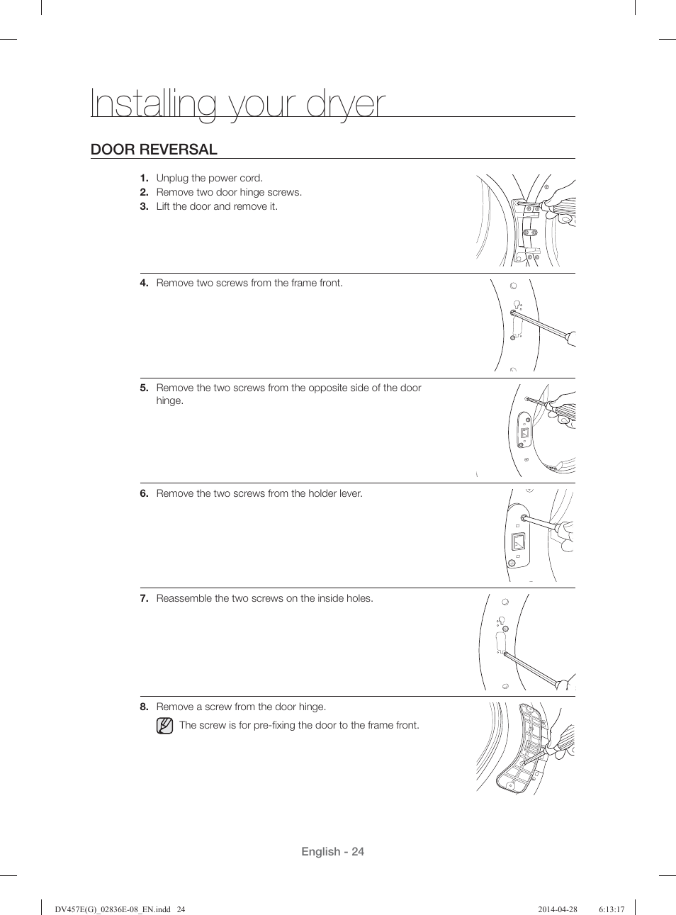 Installing your dryer, Door reversal | Samsung DV457GVGSGR-AA User Manual | Page 24 / 228