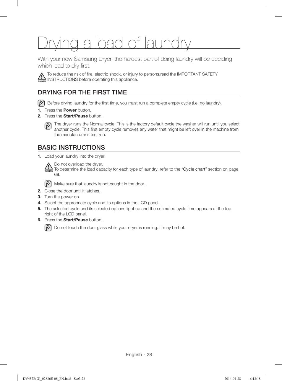 Drying a load of laundry, Drying for the first time, Basic instructions | Samsung DV457GVGSGR-AA User Manual | Page 28 / 228