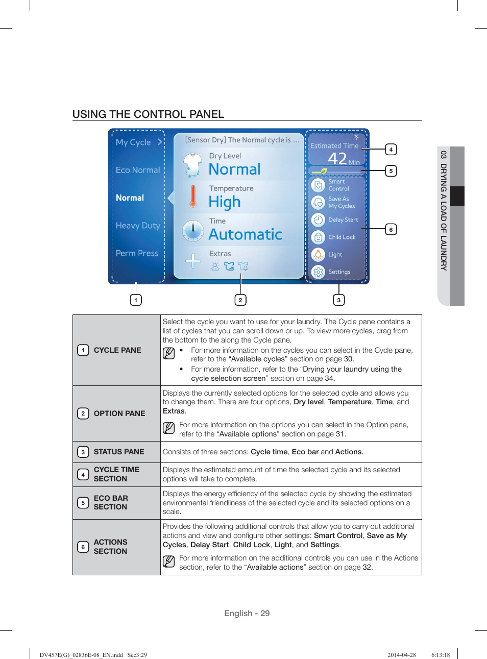 Using the control panel | Samsung DV457GVGSGR-AA User Manual | Page 29 / 228