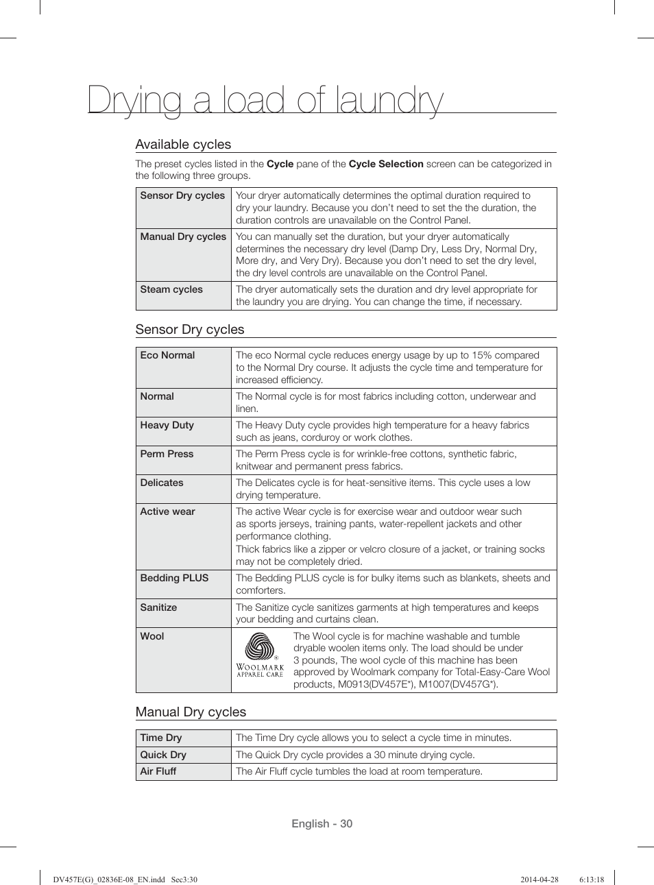 Drying a load of laundry, Available cycles, Sensor dry cycles | Manual dry cycles | Samsung DV457GVGSGR-AA User Manual | Page 30 / 228