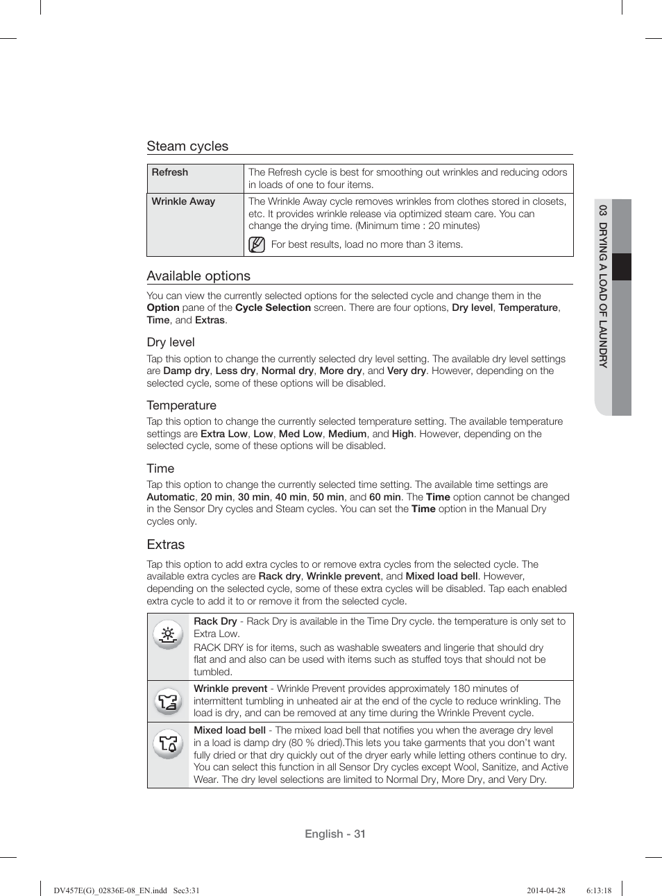 Steam cycles, Available options, Extras | Samsung DV457GVGSGR-AA User Manual | Page 31 / 228