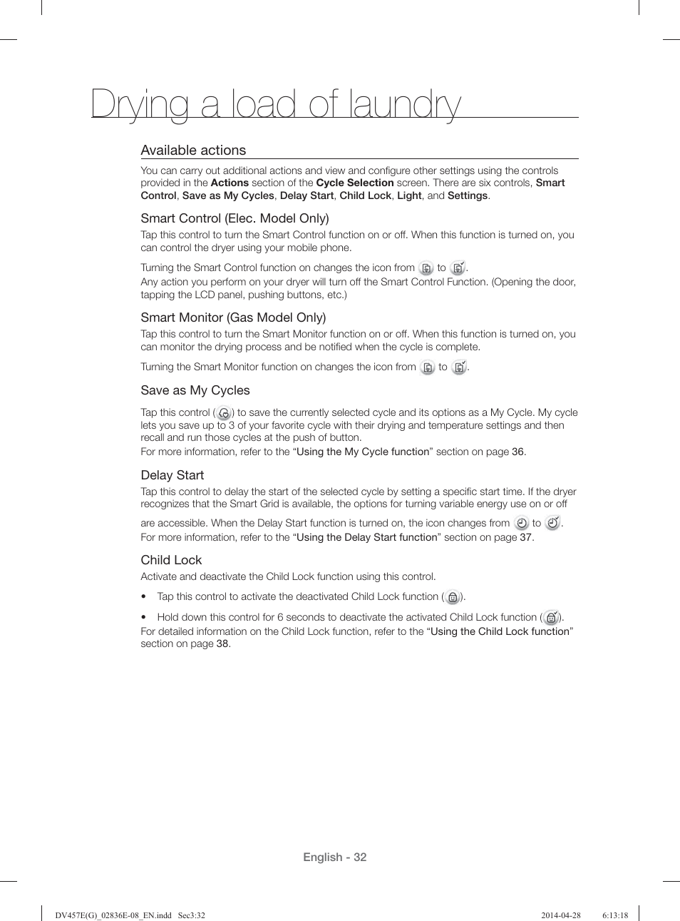 Drying a load of laundry, Available actions | Samsung DV457GVGSGR-AA User Manual | Page 32 / 228