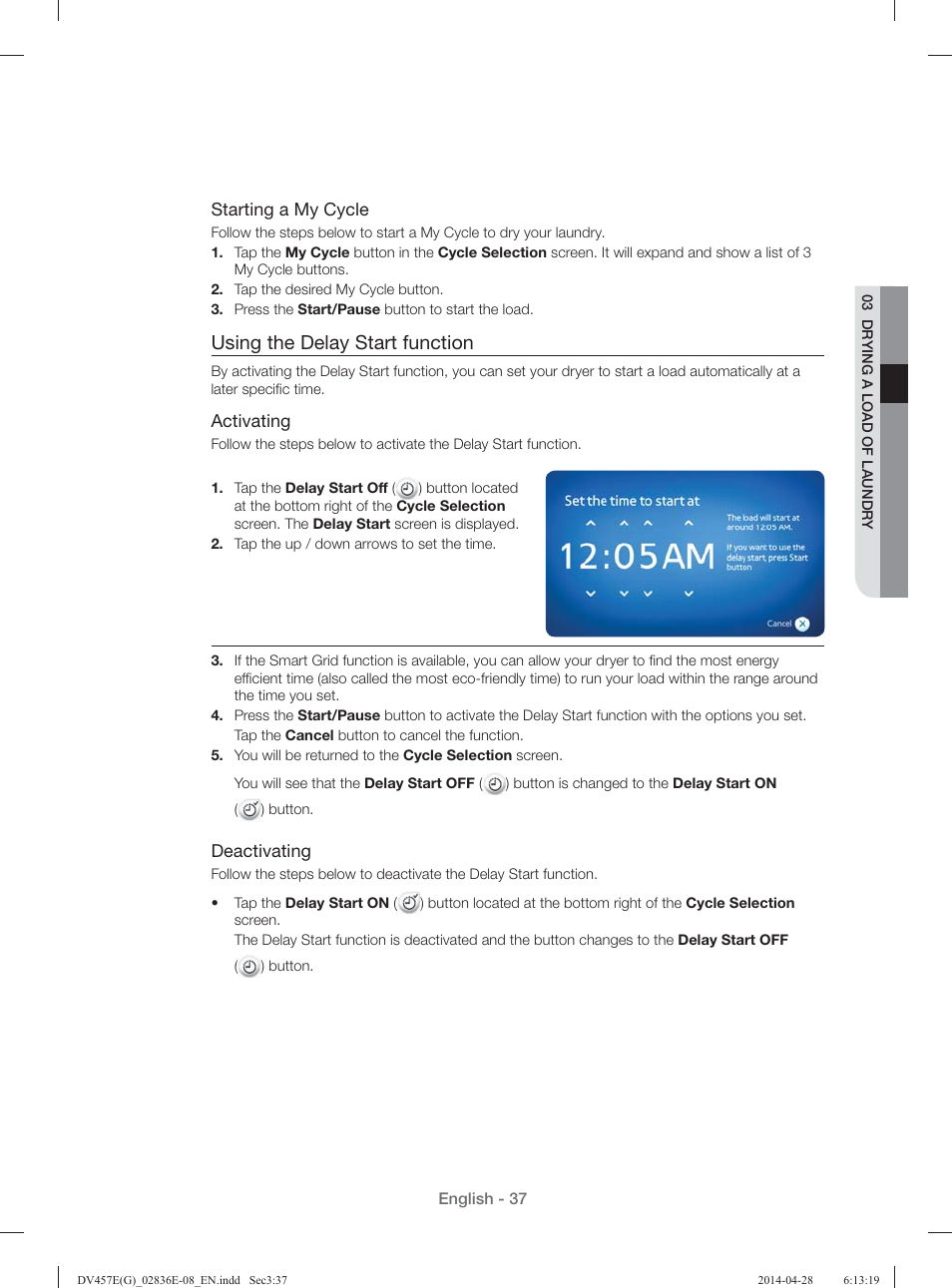 Using the delay start function | Samsung DV457GVGSGR-AA User Manual | Page 37 / 228