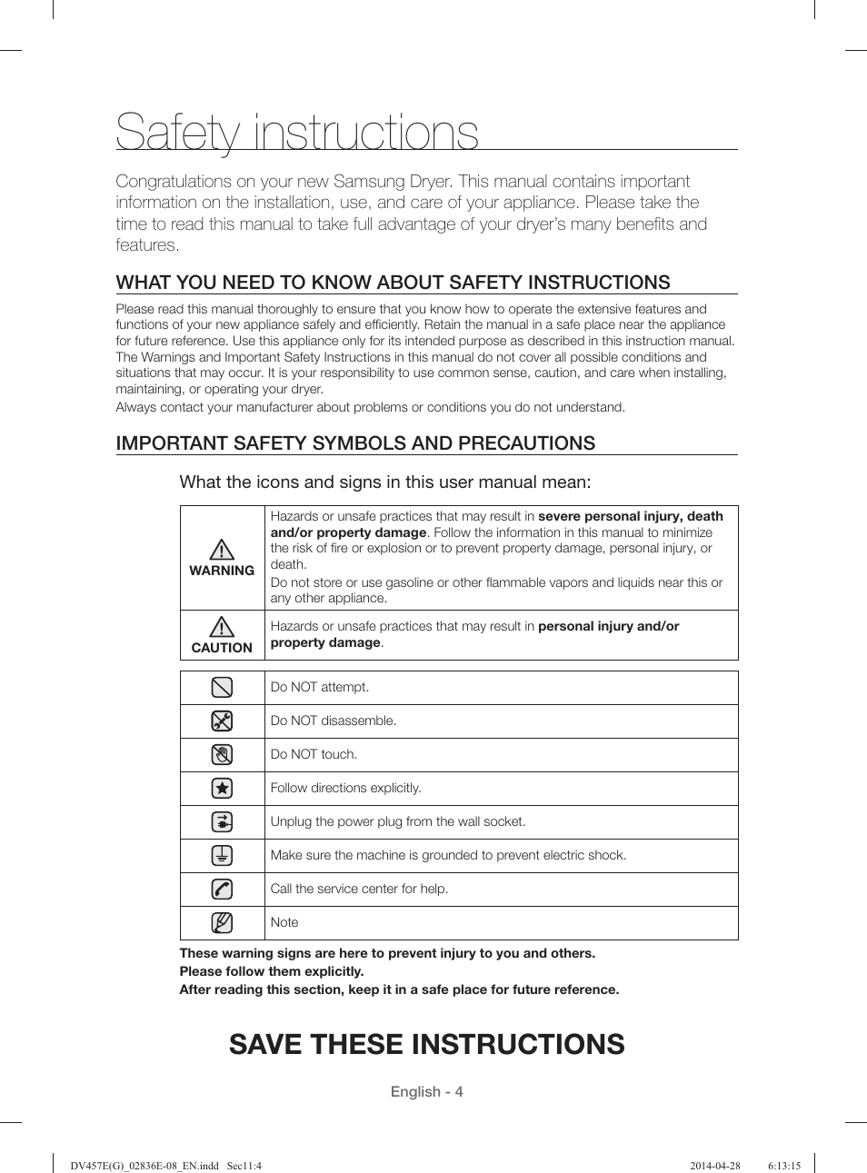 Safety instructions, Save these instructions, What you need to know about safety instructions | Important safety symbols and precautions | Samsung DV457GVGSGR-AA User Manual | Page 4 / 228