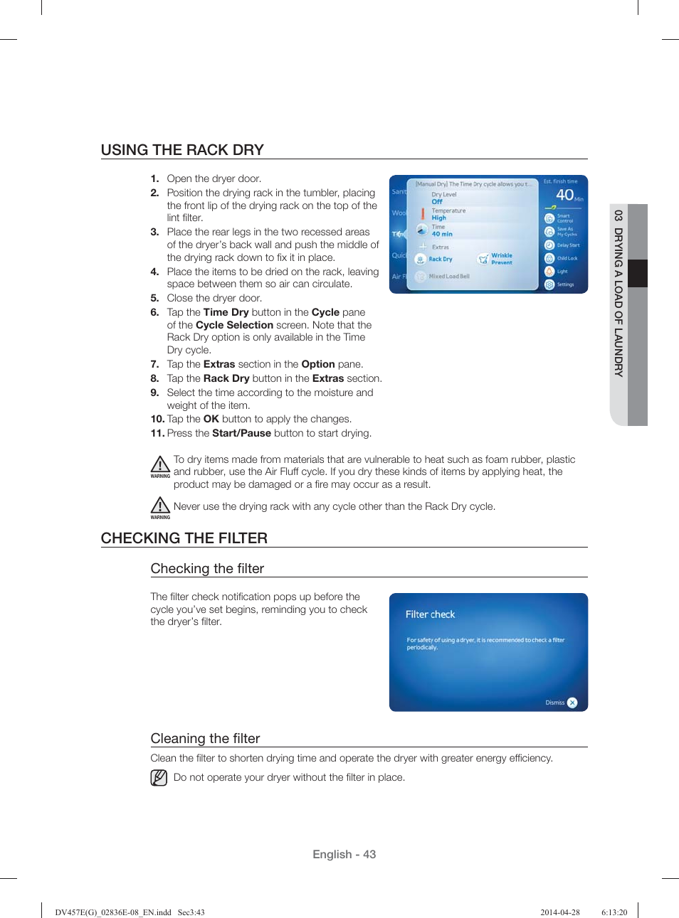 Using the rack dry, Checking the filter, Checking the ﬁ lter | Cleaning the ﬁ lter | Samsung DV457GVGSGR-AA User Manual | Page 43 / 228