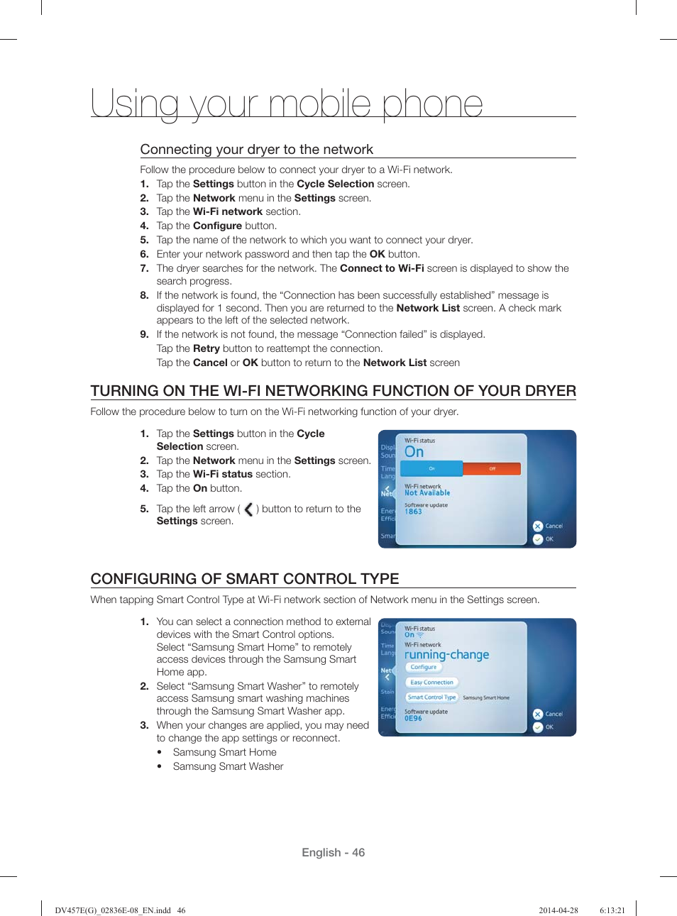 Using your mobile phone, Configuring of smart control type, Connecting your dryer to the network | Samsung DV457GVGSGR-AA User Manual | Page 46 / 228