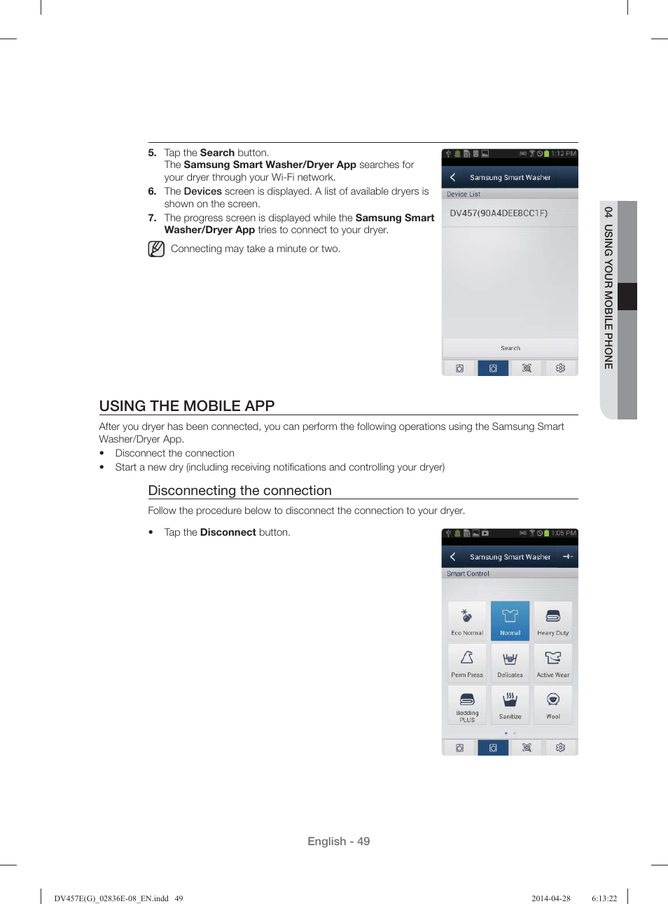 Using the mobile app, Disconnecting the connection | Samsung DV457GVGSGR-AA User Manual | Page 49 / 228
