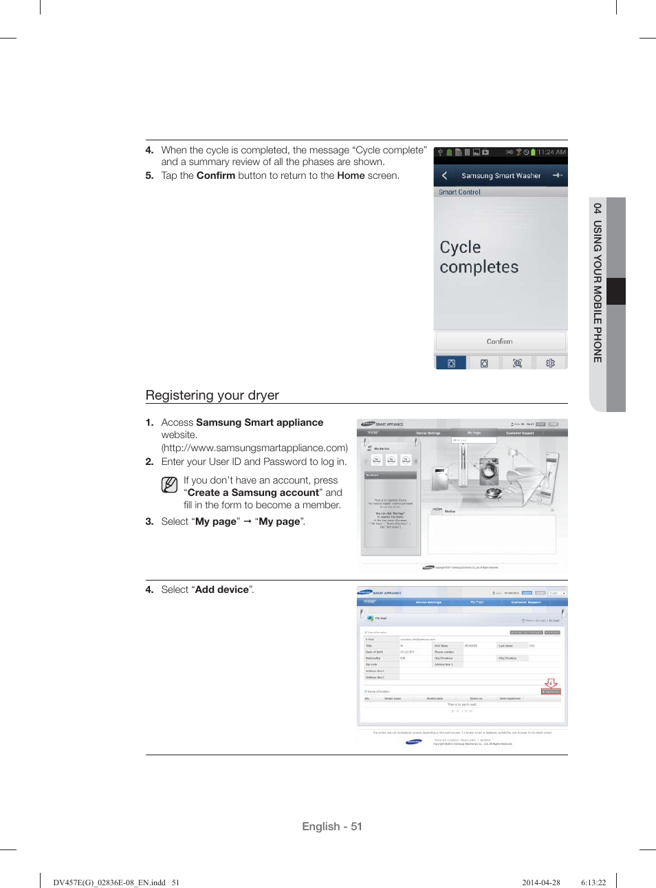 Registering your dryer | Samsung DV457GVGSGR-AA User Manual | Page 51 / 228