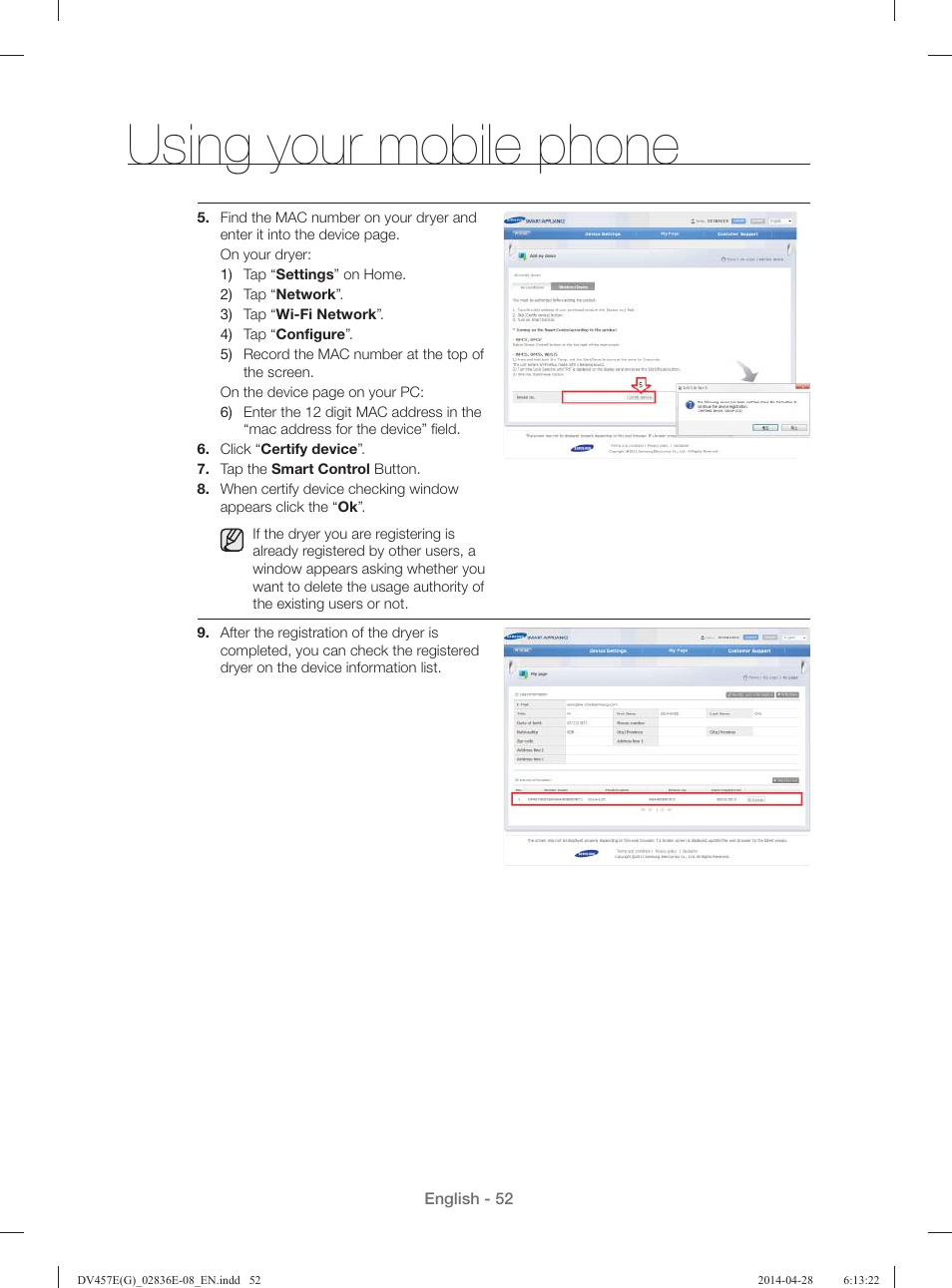 Using your mobile phone | Samsung DV457GVGSGR-AA User Manual | Page 52 / 228