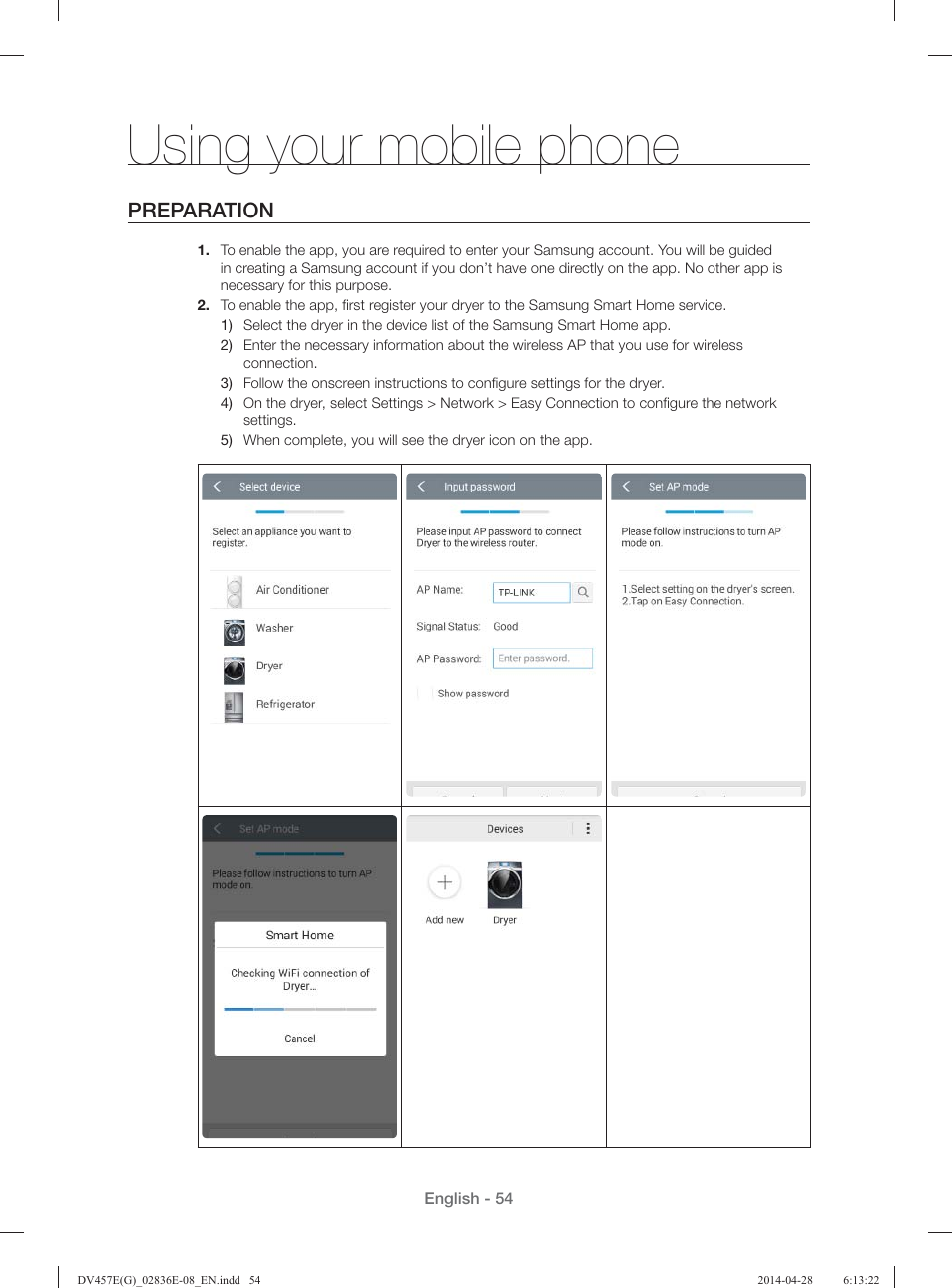 Using your mobile phone, Preparation | Samsung DV457GVGSGR-AA User Manual | Page 54 / 228