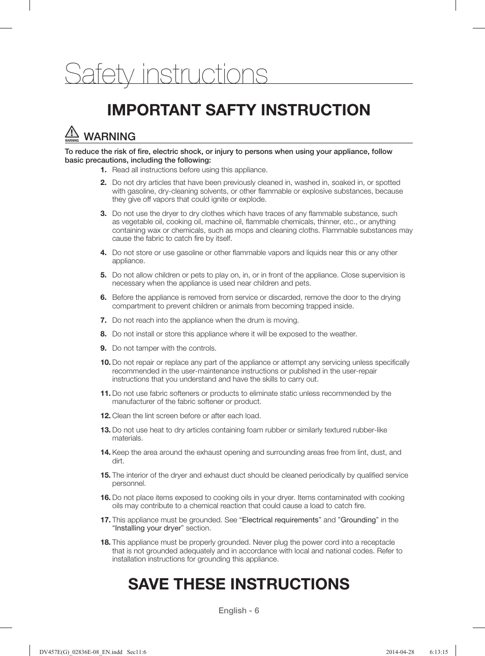 Safety instructions, Save these instructions, Important safty instruction | Warning | Samsung DV457GVGSGR-AA User Manual | Page 6 / 228