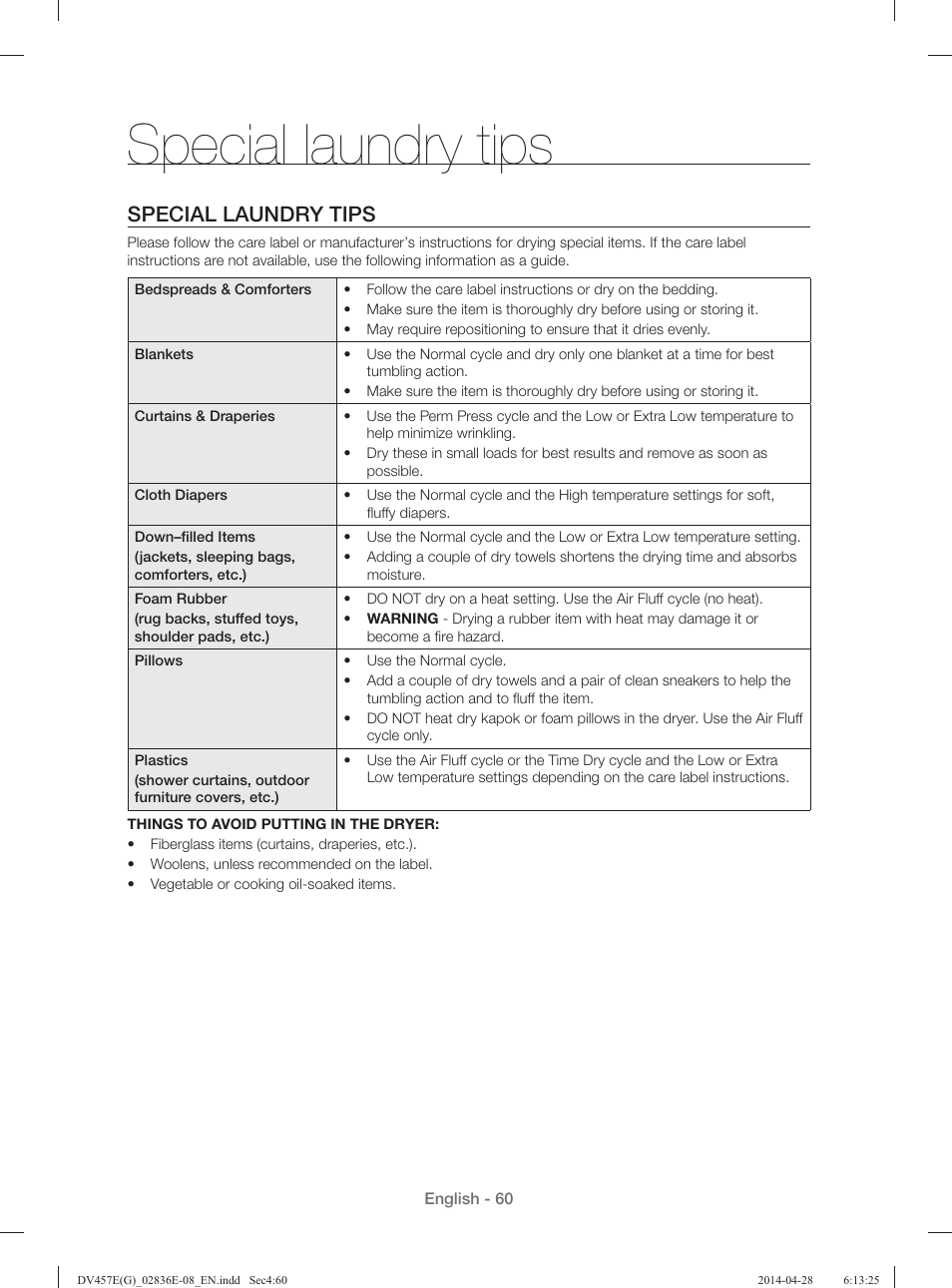 Special laundry tips | Samsung DV457GVGSGR-AA User Manual | Page 60 / 228