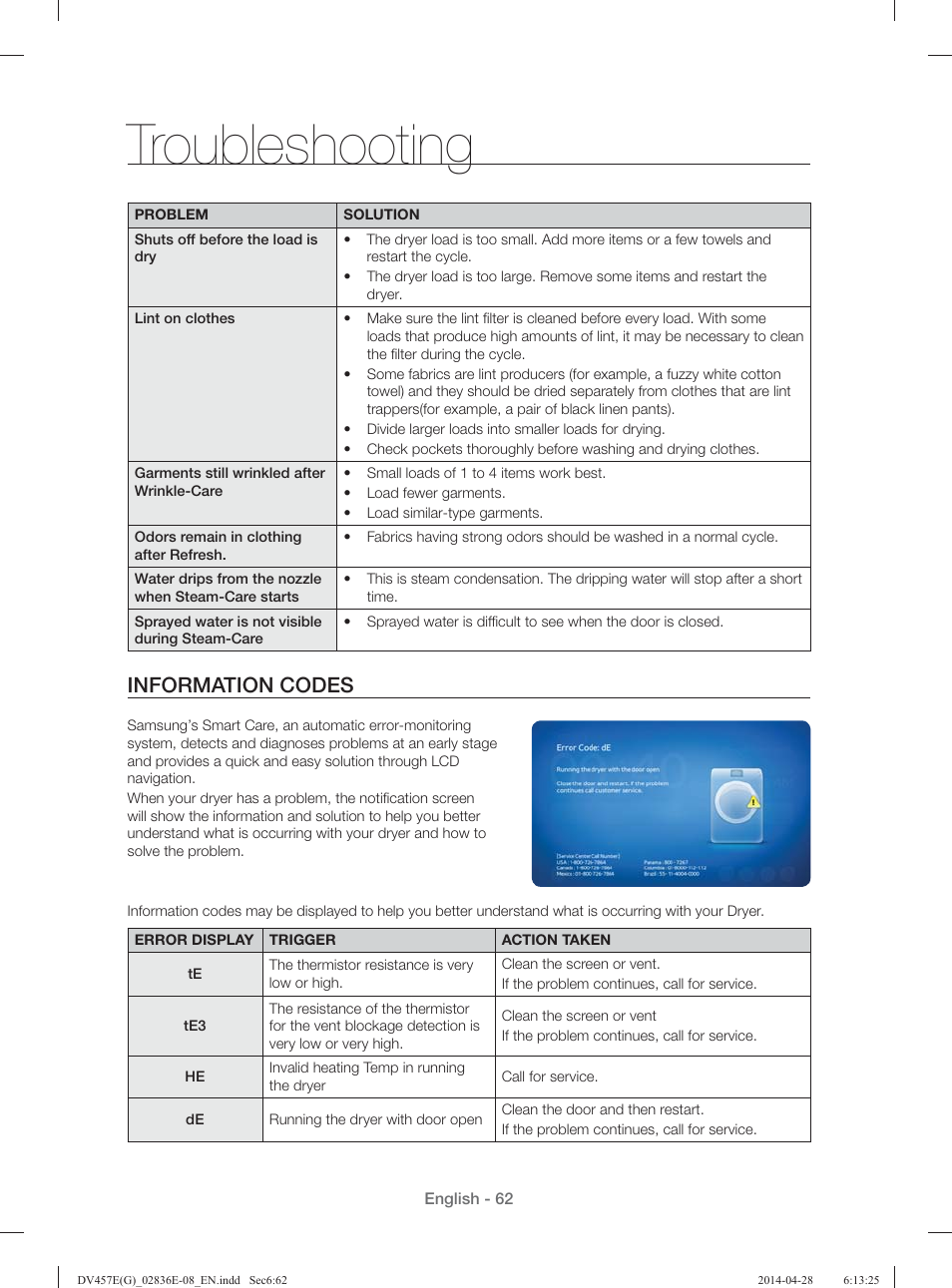 Troubleshooting, Information codes | Samsung DV457GVGSGR-AA User Manual | Page 62 / 228