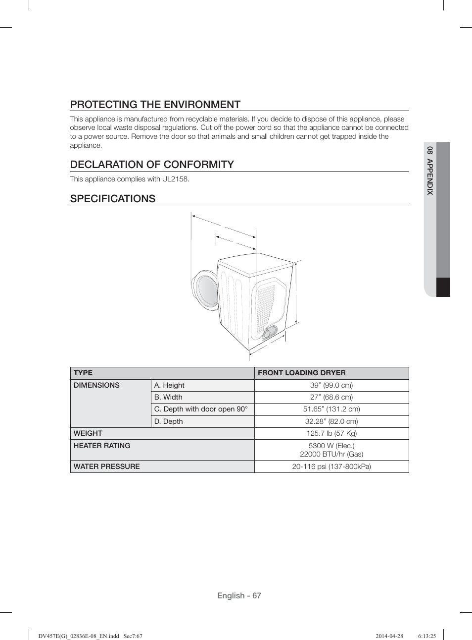 Protecting the environment, Declaration of conformity, Specifications | Samsung DV457GVGSGR-AA User Manual | Page 67 / 228