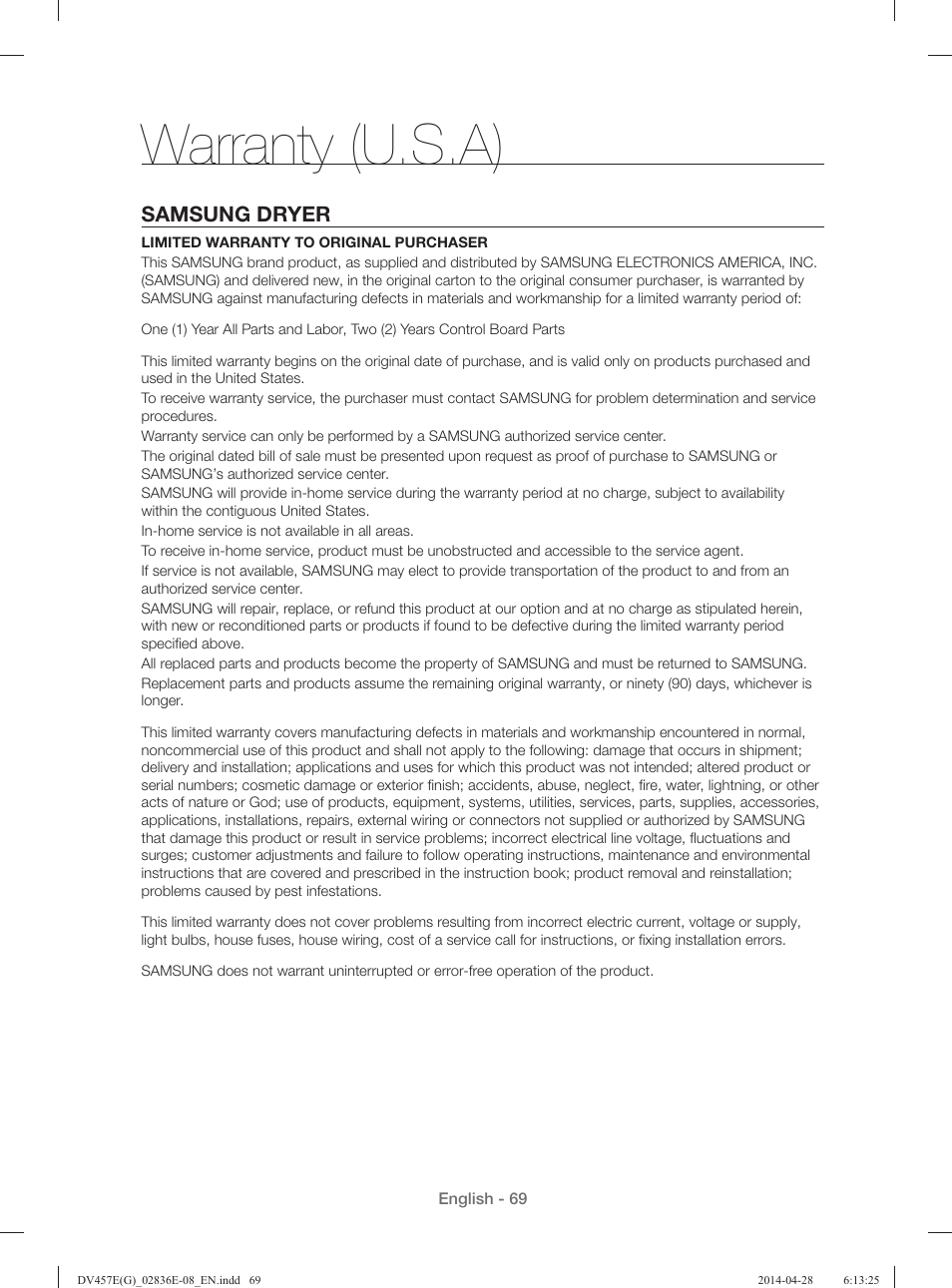 Warranty (u.s.a), Samsung dryer | Samsung DV457GVGSGR-AA User Manual | Page 69 / 228