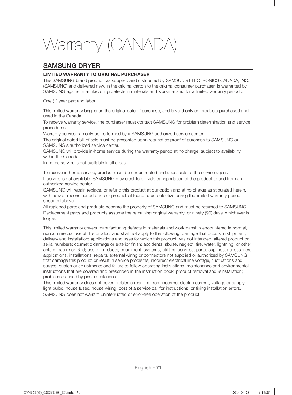 Warranty (canada), Samsung dryer | Samsung DV457GVGSGR-AA User Manual | Page 71 / 228