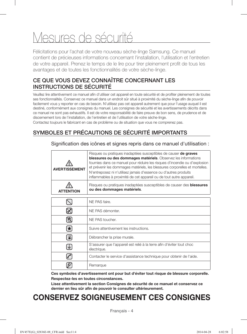 Mesures de sécurité, Conservez soigneusement ces consignes, Symboles et précautions de sécurité importants | Samsung DV457GVGSGR-AA User Manual | Page 80 / 228