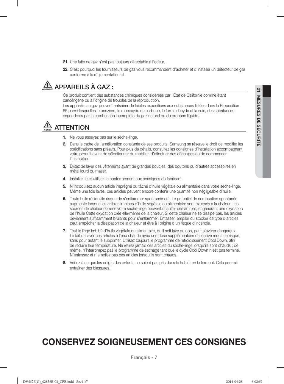 Conservez soigneusement ces consignes, Appareils à gaz, Attention | Samsung DV457GVGSGR-AA User Manual | Page 83 / 228