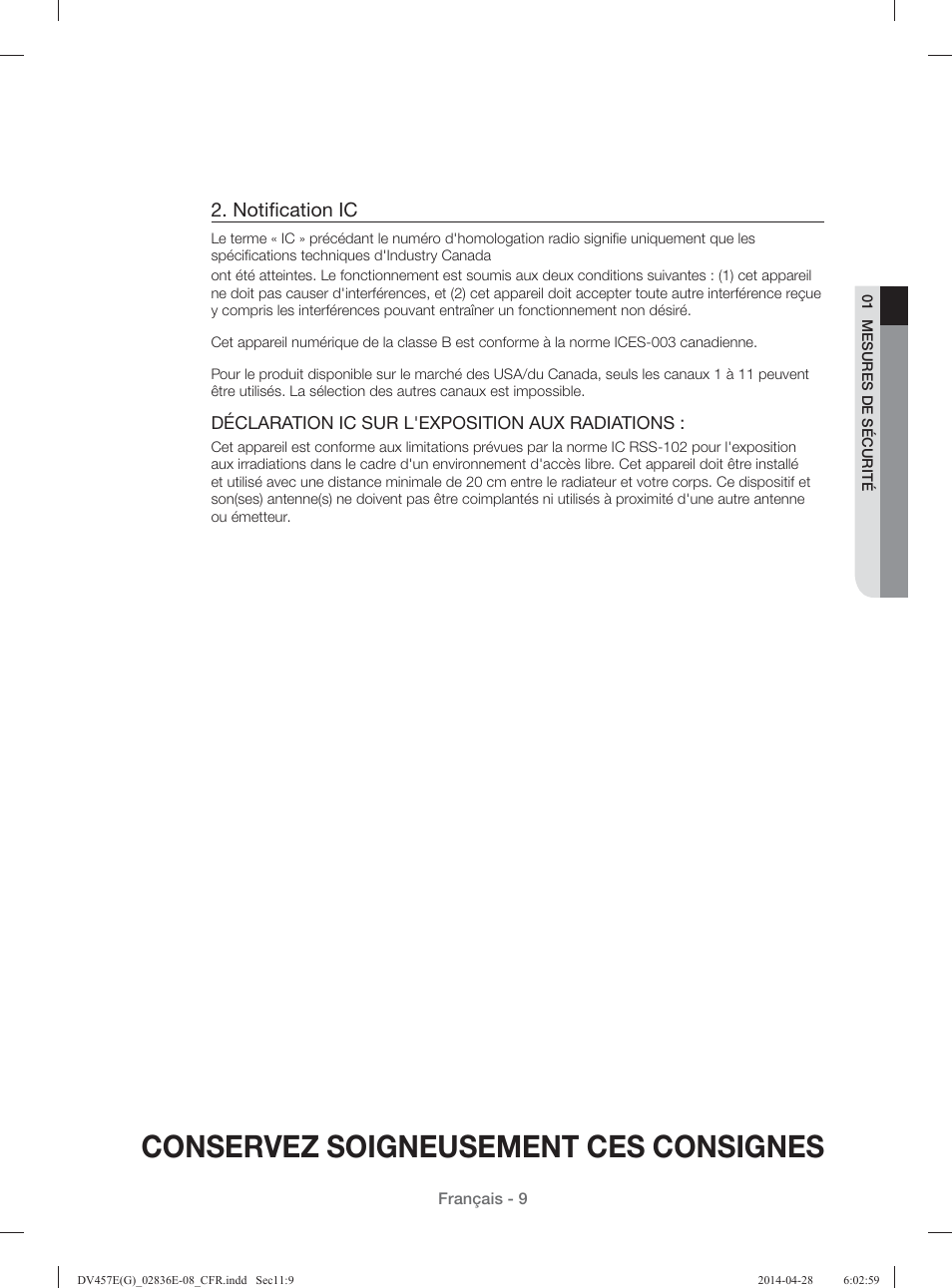 Conservez soigneusement ces consignes, Notiﬁ cation ic | Samsung DV457GVGSGR-AA User Manual | Page 85 / 228