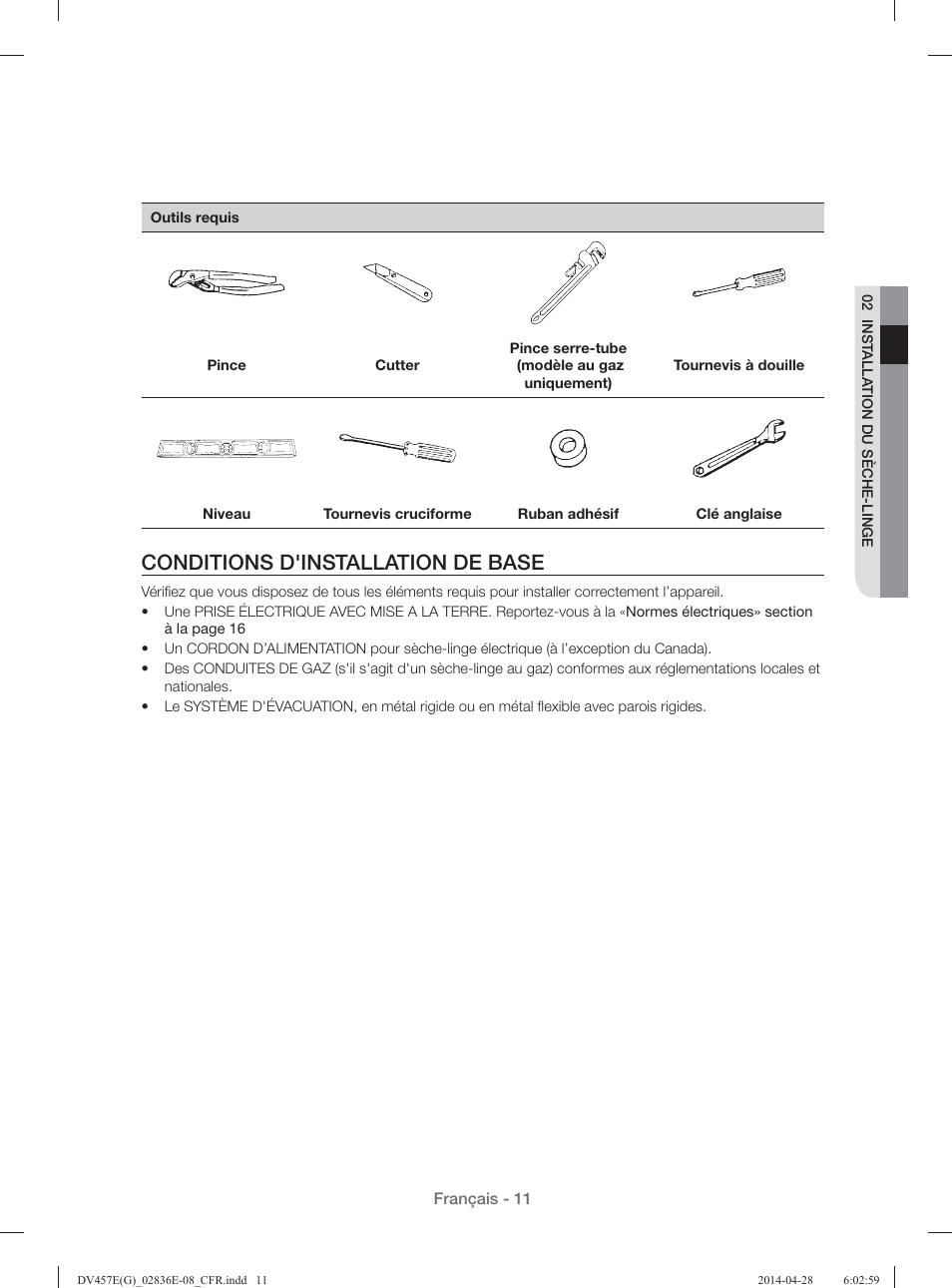 Conditions d'installation de base | Samsung DV457GVGSGR-AA User Manual | Page 87 / 228