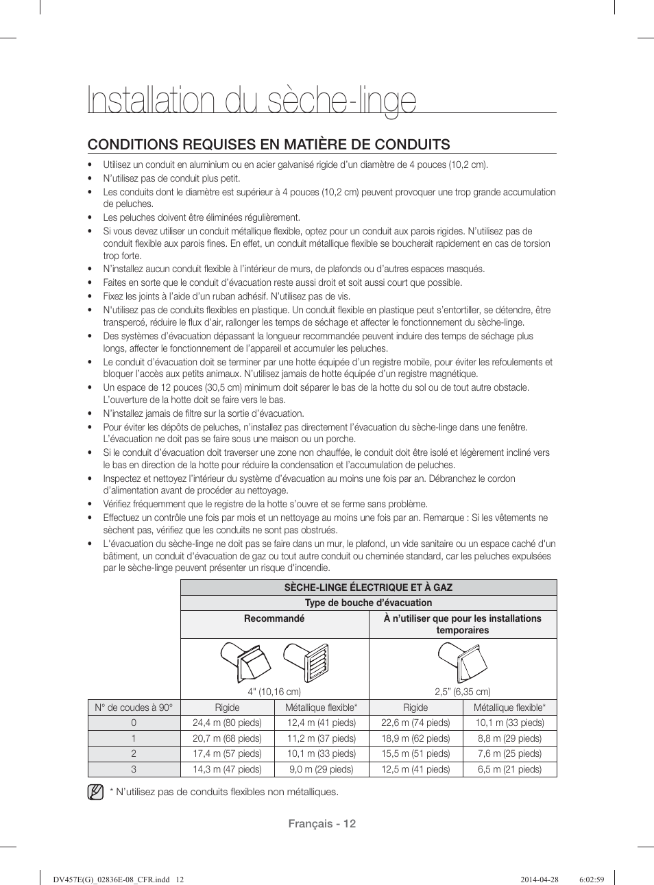 Installation du sèche-linge, Conditions requises en matière de conduits | Samsung DV457GVGSGR-AA User Manual | Page 88 / 228