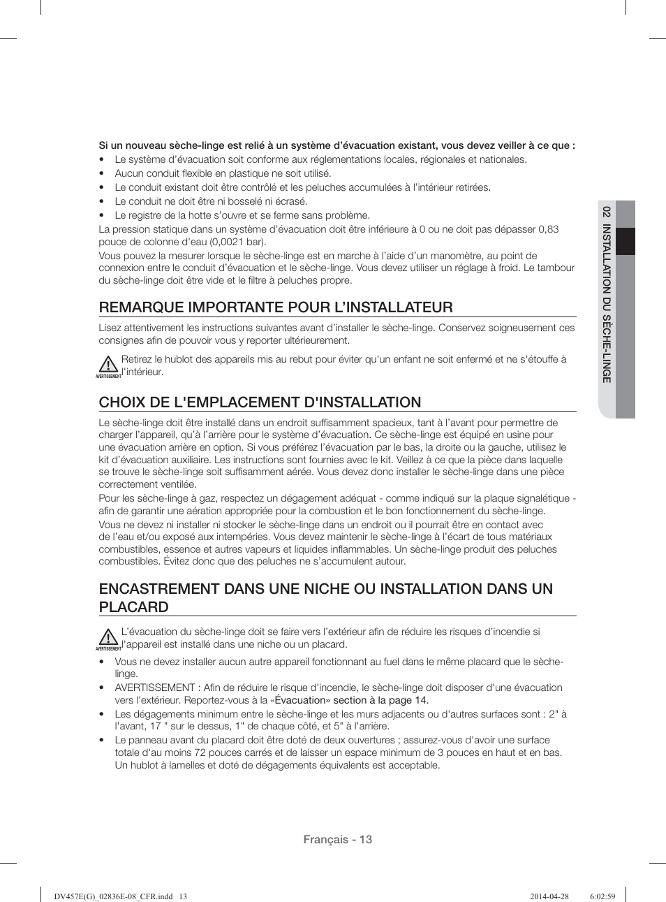 Remarque importante pour l’installateur, Choix de l'emplacement d'installation | Samsung DV457GVGSGR-AA User Manual | Page 89 / 228