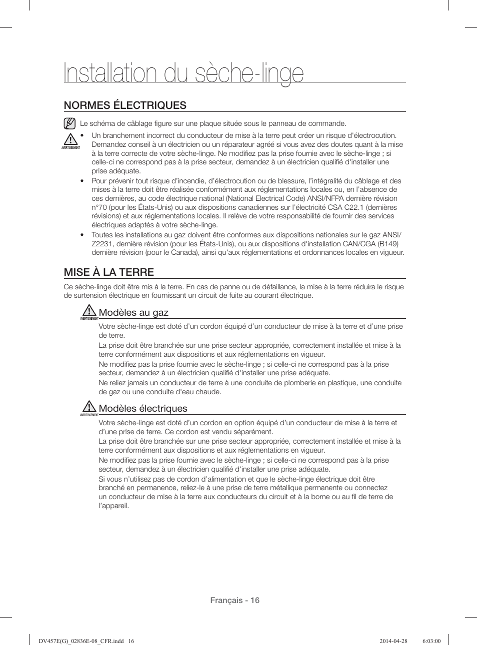 Installation du sèche-linge, Normes électriques, Mise à la terre | Modèles au gaz, Modèles électriques | Samsung DV457GVGSGR-AA User Manual | Page 92 / 228