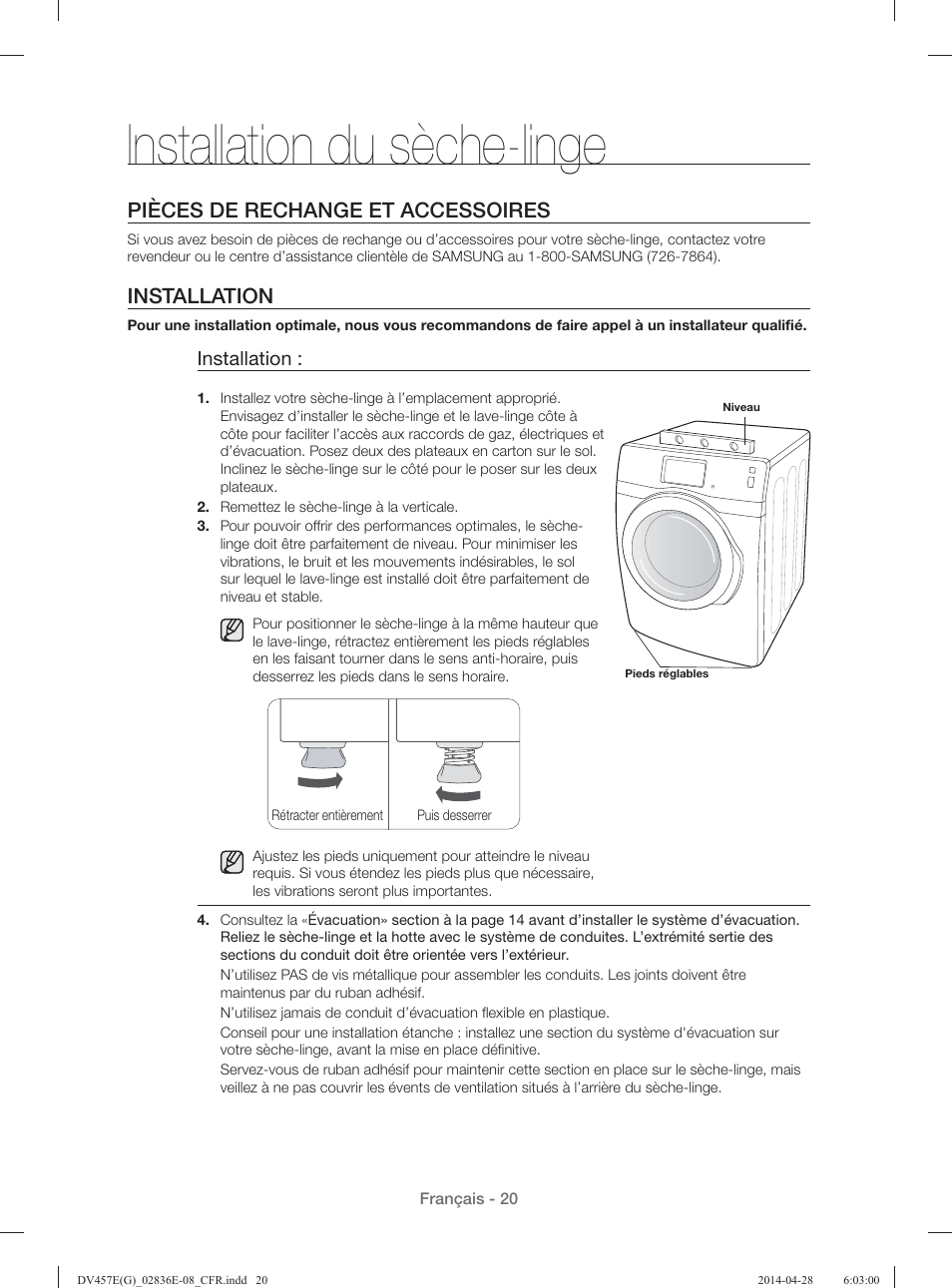 Installation du sèche-linge, Pièces de rechange et accessoires, Installation | Samsung DV457GVGSGR-AA User Manual | Page 96 / 228