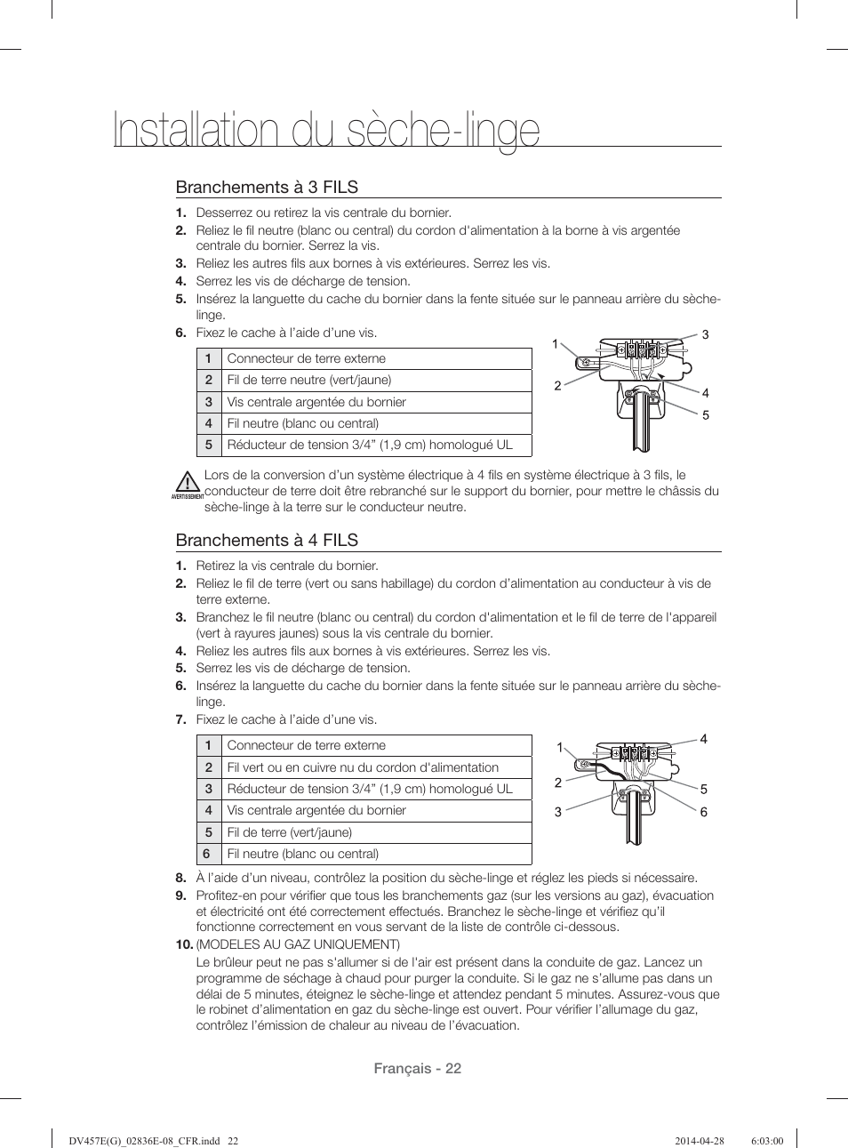 Installation du sèche-linge, Branchements à 3 fils, Branchements à 4 fils | Samsung DV457GVGSGR-AA User Manual | Page 98 / 228
