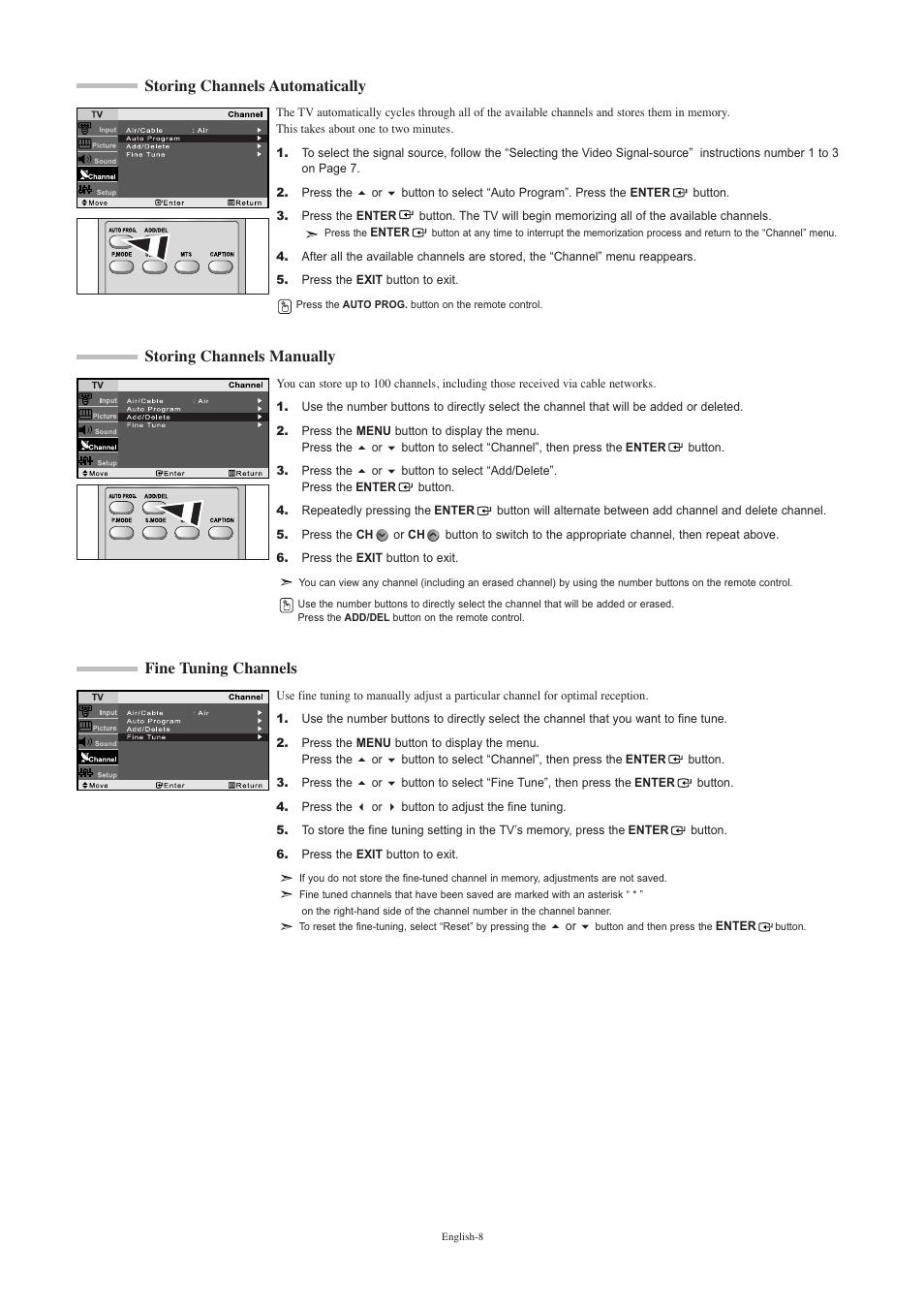 Storing channels automatically, Storing channels manually, Fine tuning channels | Samsung LNR2050PX-XAA User Manual | Page 10 / 56