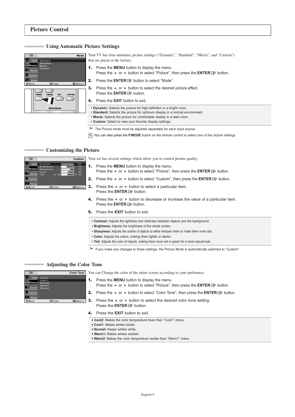 Picture control, Using automatic picture settings, Customizing the picture | Adjusting the color tone | Samsung LNR2050PX-XAA User Manual | Page 11 / 56