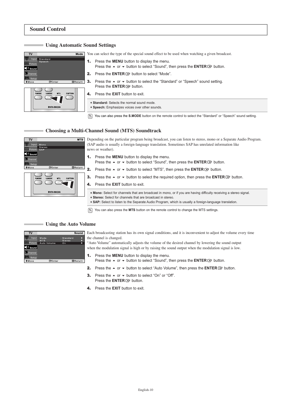 Sound control, Using automatic sound settings, Choosing a multi-channel sound (mts) soundtrack | Using the auto volume | Samsung LNR2050PX-XAA User Manual | Page 12 / 56