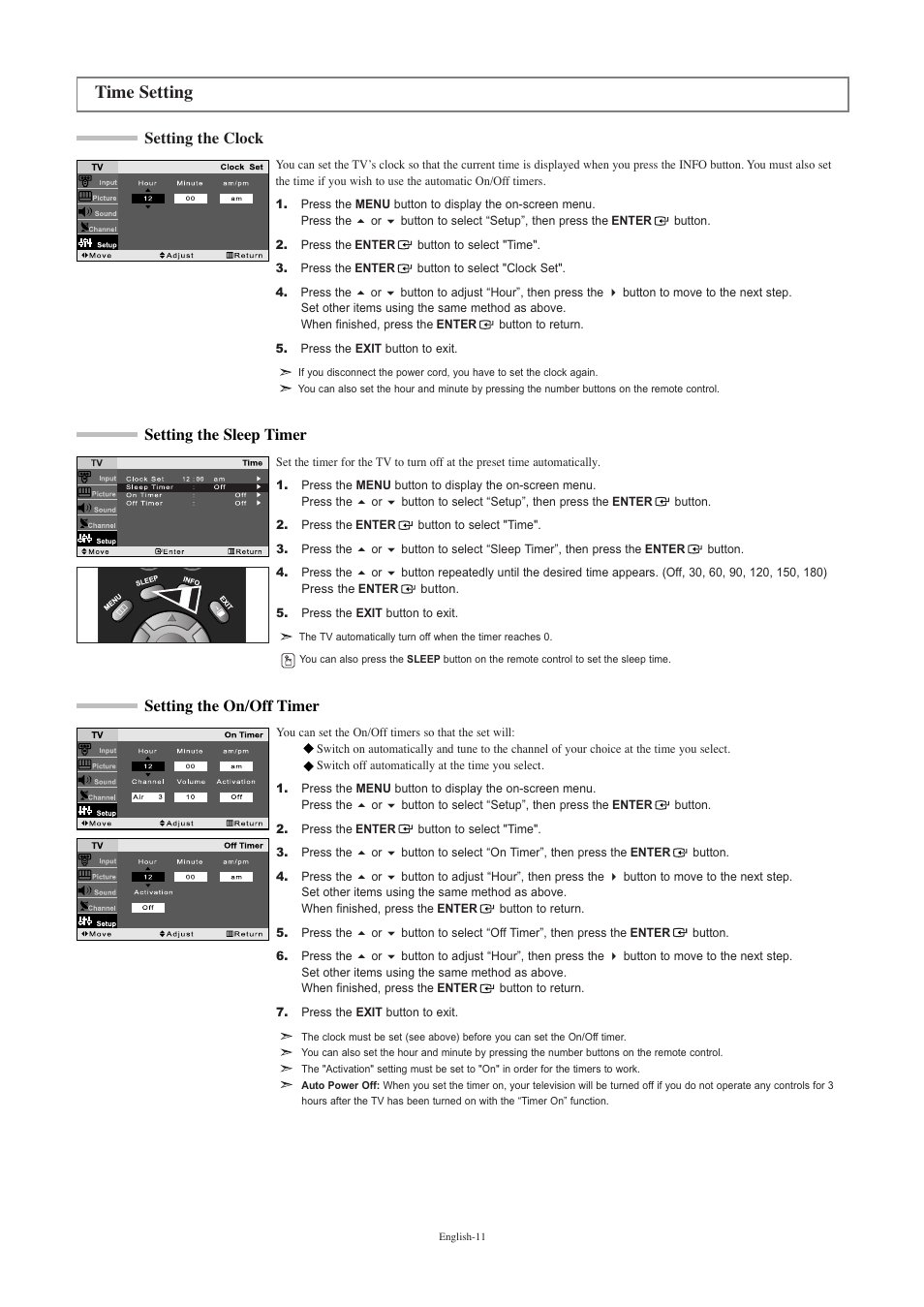 Time setting, Setting the clock, Setting the sleep timer | Setting the on/off timer, Setting the sleep timer setting the on/off timer | Samsung LNR2050PX-XAA User Manual | Page 13 / 56