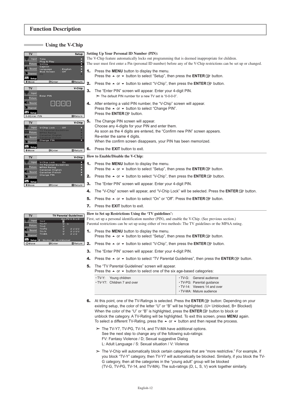 Function description, Using the v-chip | Samsung LNR2050PX-XAA User Manual | Page 14 / 56