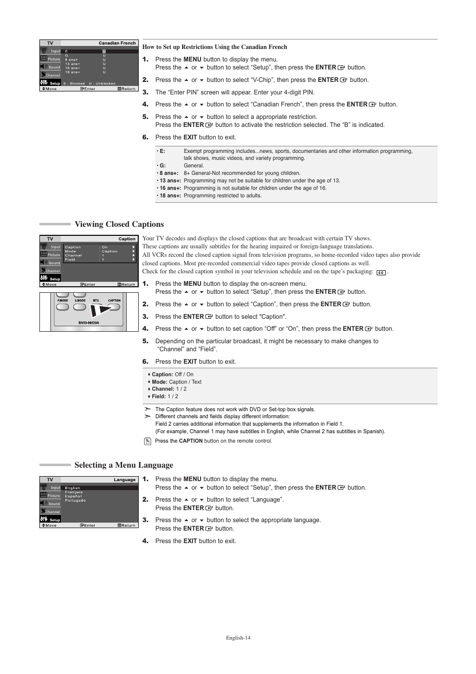 Viewing closed captions, Selecting a menu language | Samsung LNR2050PX-XAA User Manual | Page 16 / 56