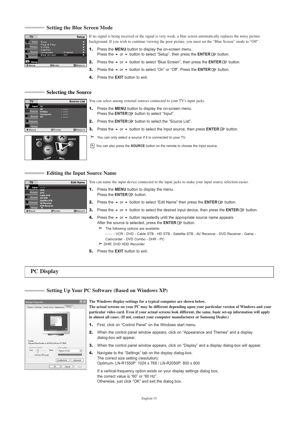 Setting the blue screen mode, Selecting the source, Editing the input source name | Pc display, Setting up your pc software (based on windows xp) | Samsung LNR2050PX-XAA User Manual | Page 17 / 56