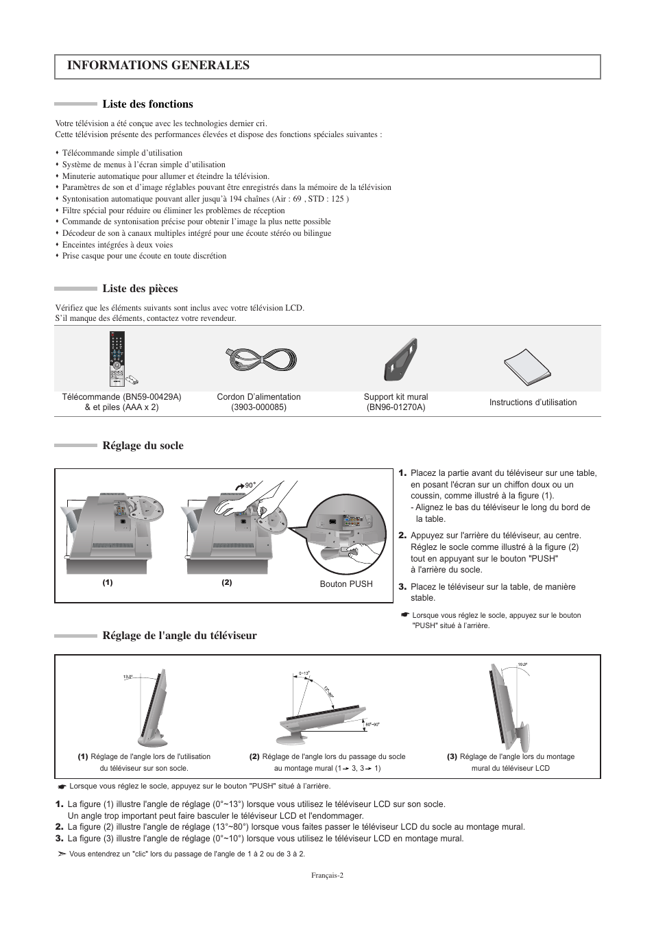 Informations generales, Liste des fonctions, Liste des pièces | Réglage du socle, Réglage de l'angle du téléviseur | Samsung LNR2050PX-XAA User Manual | Page 22 / 56