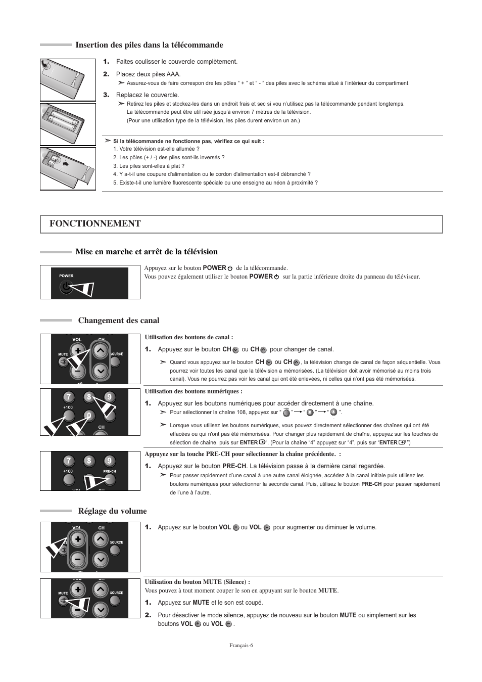 Fonctionnement, Insertion des piles dans la télécommande, Mise en marche et arrêt de la télévision | Changement des canal, Réglage du volume | Samsung LNR2050PX-XAA User Manual | Page 26 / 56