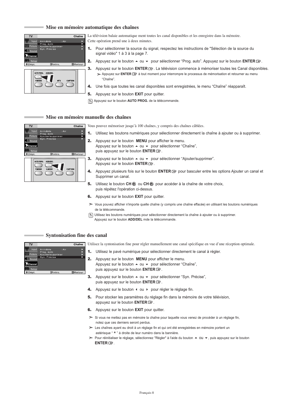 Mise en mémoire manuelle des chaînes, Syntonisation fine des canal, Mise en mémoire automatique des chaînes | Samsung LNR2050PX-XAA User Manual | Page 28 / 56