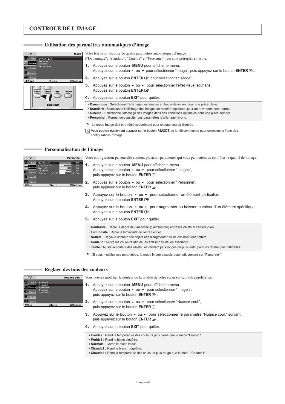 Controle de l'image, Utilisation des paramètres automatiques d’image, Réglage des tons des couleurs | Personnalisation de l’image | Samsung LNR2050PX-XAA User Manual | Page 29 / 56