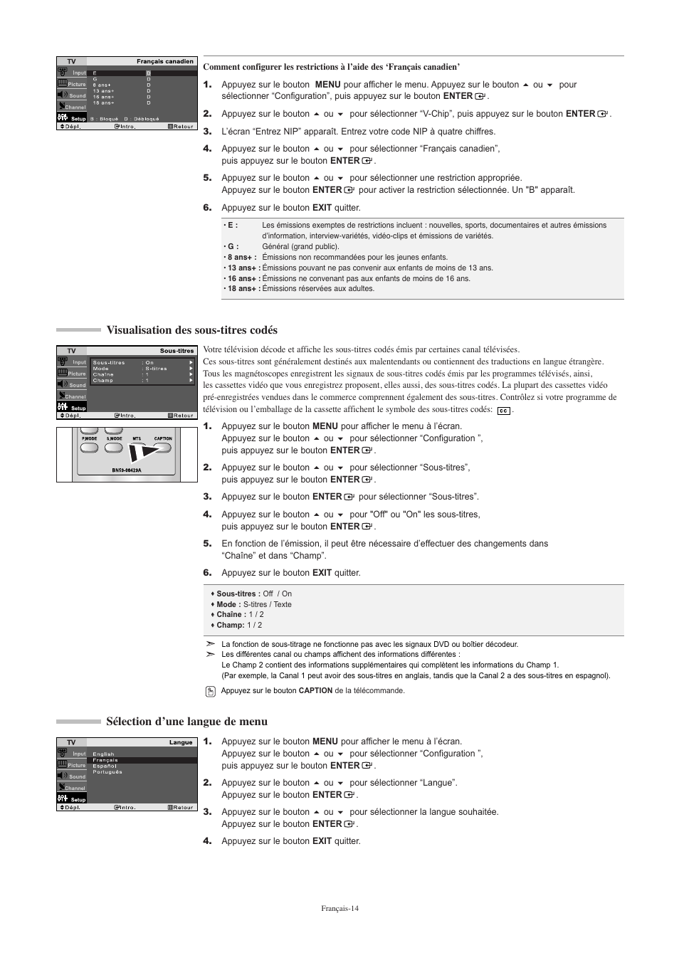 Visualisation des sous-titres codés, Sélection d’une langue de menu | Samsung LNR2050PX-XAA User Manual | Page 34 / 56