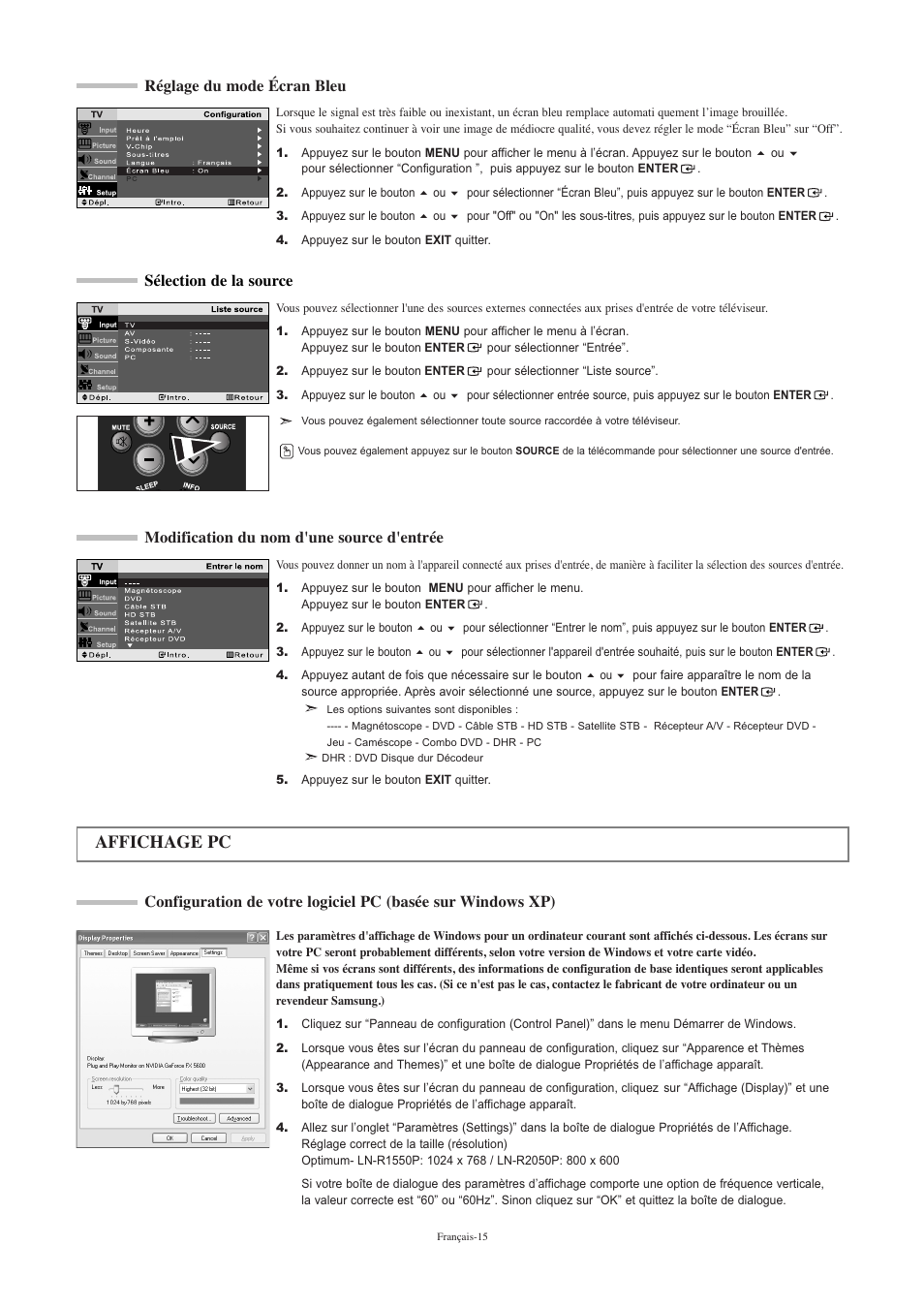 Affichage pc, Sélection de la source, Modification du nom d'une source d'entrée | Réglage du mode écran bleu | Samsung LNR2050PX-XAA User Manual | Page 35 / 56
