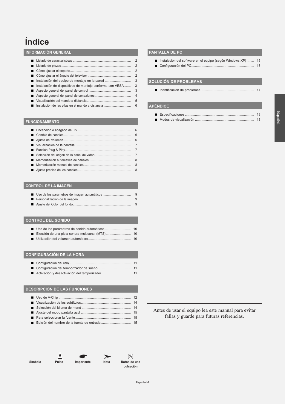 Espanol, Índice | Samsung LNR2050PX-XAA User Manual | Page 39 / 56